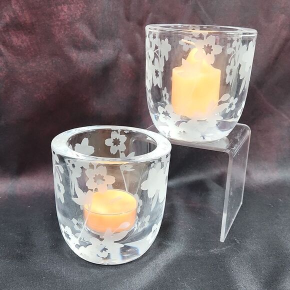 💜PartyLite Sakura Clear Frosted Etch Cherry Blossom Votive Holder Set of 2 - Picture 6 of 12
